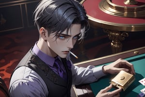 horror-themed {prompt} . eerie, unsettling, dark, spooky, suspenseful, grim, highly detailed, masterpiece, beautiful and aesthetic, ultra detail, intricate, 1male, solo, 23 years old, detailed character design, delicate face, proud expression, light blue eyes, (dark hair, Classic Undercut), silver waistcoat, purple shirt, deep blue tie, from above, side view, dynamic pose, (open a small golden cigarette case:1.5), card table, in the casino 