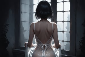 Dark Moody Atmosphere, {prompt}, dramatic, mysterious, dark moody atmosphere, masterpiece, beautiful and aesthetic, ultra detail, intricate, describes a window scene, the silhouette of a girl, pale, curvaceous, slender waist, perfect buttocks, white nightgown, translucent, (from back:1.5), (hands stretch:1.5)