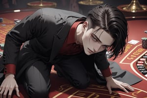 horror-themed {prompt} . eerie, unsettling, dark, spooky, suspenseful, grim, highly detailed, masterpiece, beautiful and aesthetic, ultra detail, intricate, 1male, solo, 23 years old, detailed character design, delicate face,  (grief expression), gray eyes, (bitter smile), (dark hair, Classic Undercut), red shirt, black dress pants, (from above), dynamic pose, (head bowing down:1.2), in the casino, 