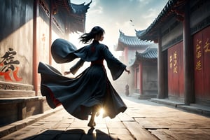 DonM5h4d0w5XL, masterpiece, extreme quality, ultra detailed, intricate, UHD, HDR, Chinese martial arts animation style, dramatic with an air of mystery and intrigue, solo_female, a figure in a dark cloak, her shadow on the ancient China street wall, outdoors, flying, dynamic pose, vibrant, from side, shadow, 