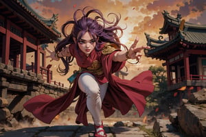 In Chinese mythology, solo, 1girl, big eyes, pink lips, long curly hair, purple hair, tall and thin, (accurate body and hand anatomy:1.2), warrior, armor, long robe, practice Kung Fu, Chinese martial arts, full body, panoramic view, outdoors, under sunshine, ancient China style, boichi manga style