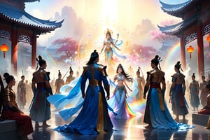 Masterpiece, beautiful and aesthetic, ultra detail, intricate, Chinese mythology story. Against a foggy dusk backdrop, Prisma Sakura oil's masterclass splash of rainbow opaline colors trickles and daubs across the heavenly court. Immortals and gods gather amidst lively atmosphere, their regalia glistening in ultra-high detail. Centered composition showcases divine figures amidst bokeh-hazed light, lens flares dancing across the scene. Cinematic lighting casts a high dynamic range bloom, illuminating the mystical gathering.