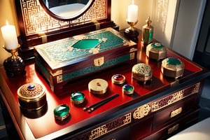 A luxurious still life scene: four ornate jewelry boxes, each with intricate designs of gold, crimson, emerald, and sapphire, sit atop a beautifully carved rosewood dressing table. Soft candlelight illuminates the delicate latticework and fine engravings on the boxes, while the surrounding opulence evokes the grandeur of ancient Chinese dynasties.