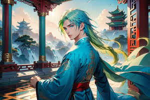 masterpiece, beautiful and aesthetic, ultra detail, intricate, solo, 1male, 25 years old, handsome, (long eyes, blue eyes), (long hair, Split-color Hair, Light Green Hair, Blue Hair), tall, (Han Chinese Clothing and green), flowing robe, (from side), dynamic pose, heroic stance, creating a picturesque view of a heavenly palace, bathed in soft and ethereal light.