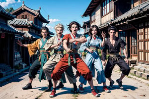 masterpiece, best quality, ultra, UHD, detailed character design, a group of people, 5men, 5women, glad, joy, laugh, (hanfu),  dynamic pose, action-packed, ancient street background, ancient China style, boichi manga style