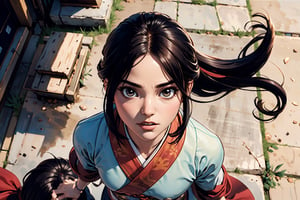 masterpiece, best quality, ultra, UHD, detailed character design, a group of people, men and women, serene expression, hanfu, (face the same direction, look above:1.5), wide angle view, dynamic pose, action-packed, ancient street background, ancient China style, boichi manga style