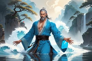 masterpiece, beautiful and aesthetic, ultra detail, intricate, Chinese martial arts animation style, divine, manly, legendary, 1male, solo, (40 years old:1.5), detailed character design, a look of determination, two beards, long grey hair, tall and thin, aqua Taoist robe, upper body, dynamic pose, walking on water, creating a picturesque view of a heavenly palace, wave, bathed in soft and ethereal light.