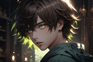 Dark Moody Atmosphere, {prompt}, dramatic, mysterious, dark moody atmosphere, masterpiece, beautiful and aesthetic, ultra detail, intricate, 1male, solo, 23 years old, detailed character design, delicate face, (his expression filled with wonder:1.5), (light green eyes, big eyes), open mouth, short brown hair, dark blue hooded, (close up:1.5), dynamic pose, in the Asian antique shop, indoors