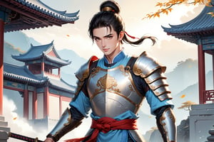 masterpiece, beautiful and aesthetic, ultra detail, intricate, (solo, 1male:1.5), 25 years old, detailed character design, Chinese mythology story, a heavenly guardian, serene expression, manly, bushy eyebrows, wide eyes, wide jaw, light smile, (black hair, a single hair bun), tall and lean, (Han Chinese clothing, armor, brown), from view, dynamic pose, standing, holding a book, creating a picturesque view of a heavenly palace, in soft and ethereal light.