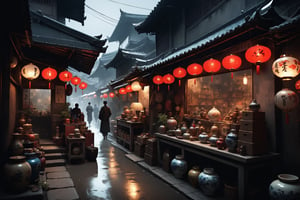 Dark Moody Atmosphere, {prompt}, dramatic, mysterious, dark moody atmosphere, masterpiece, beautiful and aesthetic, ultra detail, intricate, describing an Asian street alley, with a second-hand goods shop selling various second-hand goods, table decorations, figurines, and antiques