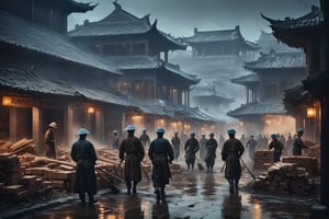 Dark Moody Atmosphere, {prompt}, dramatic, mysterious, dark moody atmosphere, masterpiece, beautiful and aesthetic, ultra detail, intricate, describes a construction site, a group of workers are building a house, some people move bricks, some people move wood, Hanfu, ancient Chinese street scene