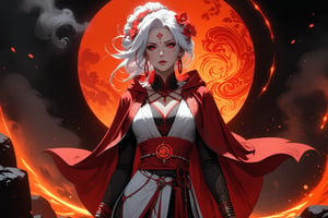 masterpiece, beautiful and aesthetic, ultra detail, intricate, 1female, 40 years old, detailed character design, sorceress, mysterious, (a red mole on forehead:1.2), red eyes, hoop earrings, (medium hair, traditional Chinese updo, Split-color Hair, white Hair, red Hair), hair flower, bangle, short stature, hooded cloak, (Taoist robe, pants, orange), cane, (front view:1.5), dynamic pose, her hands crackling with arcane energy, standing on lava, smokey, mysterious colorful, magic effect, in heavenly palace