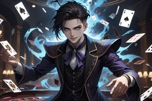 horror-themed {prompt} . eerie, unsettling, dark, spooky, suspenseful, grim, highly detailed, masterpiece, beautiful and aesthetic, ultra detail, intricate, 1male, solo, 23 years old, detailed character design, delicate face, magician, light blue eyes, sporting a rakish grin, (dark hair, Classic Undercut), dark magician dress, dynamic pose, (his hands crackling with arcane energy:1.2), (cards flying random:1.5), in the Casino. 