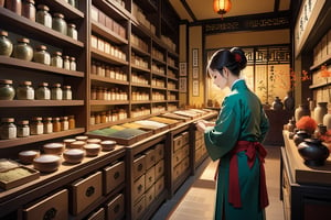 A masterful composition of warm tones and soft lighting illuminates the serene atmosphere of an ancient Chinese medicine store. In the foreground, a busy Chinese herbalist meticulously prepares traditional remedies with precision and care. Behind them, rows of small drawers on wooden shelves overflow with an assortment of intricately arranged Chinese medicinal materials, their ultra-detailed textures and colors waiting to be discovered. The overall aesthetic is one of harmony and balance, reflecting the store's commitment to ancient wisdom and healing.