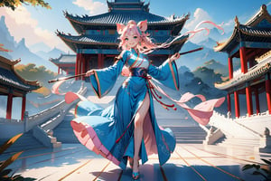 masterpiece, beautiful and aesthetic, ultra detail, intricate, solo, (1female, Pig features, Pig ears), detailed character design, smile sweetly, light pink skin, silver hafu, wide sleeves, blue long skirt, she holding a long stick, (full body:1.5), dynamic pose, Chinese martial arts animation style, outdoors, heavenly palace, countless palaces