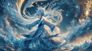 hyper detailed masterpiece, dynamic, awesome quality, minute aqueous floating DonM3l3m3nt4l, stark beauty, wizardly, well-functioning, charming, halcyon, (masterpiece, top quality, best quality, official art, beautiful and aesthetic:1.2), solo, 1girl, Chinese, long silver hair, hanfu, long robe, with bun accessories, extreme detailed, (abstract, fractal art:1.3), highest detailed, water, ice, lightning, light_particles, ghost, 