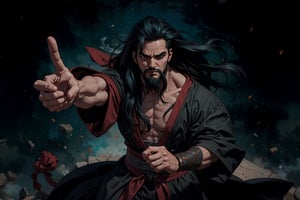 Chinese mythology story, solo, 1man, forty years old, long black hair, two beards, (accurate body and hand anatomy), aqua Taoist robe, thin and tall, intense emotion, dynamic pose, bold gestures , (push forward), action-packed, (straigh on), boichi manga style