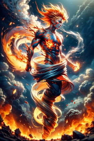 photographic, cinematic, super high detailed, super realistic image, 8k, HDR, super high quality image, master realistic image, perfect, detailed face, solo, (1boy), messy hair, orange hair, blue eyes, wore a red colored robe with glowing totemic embroidery, tribal tattoos, flame pentagram necklace, refined muscular body, tall, vibrant, detailed character design, reminiscent of fighting video games, full body shot, capturing the essence of ancient and immortality, dynamic, tiny maritime floating DonM3l3m3nt4l, smoke,