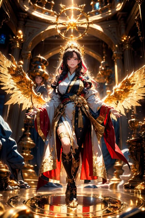 photographic, cinematic, super high detailed, super realistic image, 8k, HDR, super high quality image, master realistic image, perfect, detailed face, solo, goddess, (smile), long hair, hanfu, long robe, crown, light of wings, full body shot, magic circle. The worlds greatest horde of treasure ever collected, epic proportions, (colorful), dreamlike, gold, jewelry, treasure, riches, pules of gold, gems, riches, treasure vault, biggest treasure in the world,