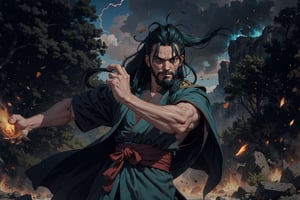 A dramatic scene unfolds as a lone, forty-year-old warrior stands tall, his long black hair flowing like a river behind him. Two majestic beards frame his fierce face, their wispy tendrils dancing in the aqua-hued Taoist robe that wraps around his slender physique. Fury ignites his eyes as he strikes forward with one palm, the wind whistling through the air as if echoing his intense energy. In a bold, boichi manga style, this striking figure commands attention, ready to unleash his inner power upon the world.