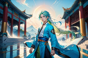 masterpiece, beautiful and aesthetic, ultra detail, intricate, solo, 1male, 25 years old, handsome, (long eyes, blue eyes), (long hair, Split-color Hair, Light Green Hair, Blue Hair), tall, (Han Chinese Clothing, light blue), flowing robe, dynamic pose, heroic stance, creating a picturesque view of a heavenly palace, bathed in soft and ethereal light.