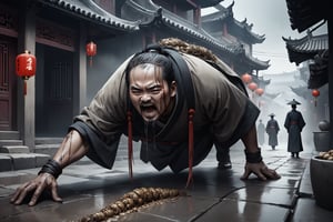 Dark Moody Atmosphere, {prompt}, dramatic, mysterious, dark moody atmosphere, masterpiece, beautiful and aesthetic, ultra detail, intricate, describing a man limbs chopped, crawling on the ground like a maggot, begging for food from passers-by everywhere, ancient Chinese street scene