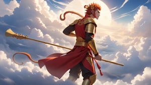 masterpiece, beautiful and aesthetic, ultra detail, intricate, 1male, solo, Monkey King, (monkey features:1.5), detailed character design, red hafu, golden armor, (holding a golden long stick:1.5), (far away shot:1.5), (back view:1.5), dynamic pose, (standing on the clouds:1.5), sky, clouds 