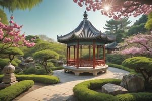 A serene scene unfolds: an ornate octagonal pavilion sits amidst a lush Chinese garden, bathed in warm HDR light that captures the gentle radiance of spring sunshine. Delicate stone carvings adorn the pavilion's facade as birdsong fills the air amidst blooming flowers, their vibrant hues resembling tiny jewels against the soft greenery. Ancient myths whisper secrets, transporting viewers to a timeless realm where spring's beauty prevails, all within a 2D anime-style frame.