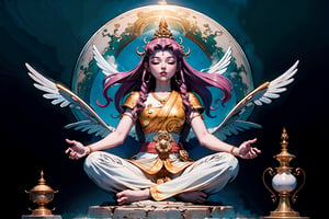 In Chinese mythology, solo, 1girl, beauty, detailed face, delicate features, serene expression, divine, eyes closed, pink lips, long curly hair, purple hair, tall and thin, ethereal glow, celestial aura, warrior, armor, long robe, (digital masterpiece illustration concept art of porcelain statue of buddha gautama, varasana, padmasana:1.2), bathed in soft, ethereal/natural light, boichi manga style