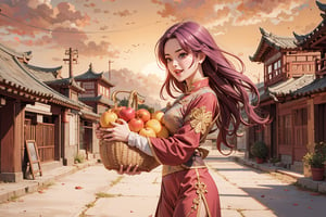 masterpiece, extreme quality, ultra detailed, intricate, UHD, HDR, In Chinese mythology, solo, 1girl, (joy expression:1.2), (laugh:1.2), big eyes, pink lips, pretty, long curly hair, purple hair, tall and thin, (Han Chinese Clothing, armor, pants), dynamic pose, Carrying a basket of fruit, vibrant, from side, background is a golden sands stretch as far as the eye can see, golden hour, ancient China style, boichi manga style