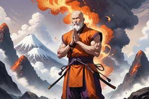 masterpiece, beautiful and aesthetic, ultra detail, intricate, 1male, solo, (60 years old, old man), detailed character design, warrior monk, godlike, domineer expression, bead_earrings, (full beard, white), bald, (short stature, muscular), (Kasaya of Shoulder-covering Style, orange), dark purple pants, (small magic flames on shoulders), (front view), dynamic pose, (hands in prayer pose:1.5), standing on the peak, Chinese martial arts animation style, volcanos, mists