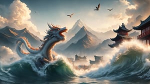 water, foaming, wave, smoke, Chinese dragon, mountains, Chinese temple, clouds, birds, at Twilight, tilt shift, Cleancore, HDR, Mustafa Abdulhadi, involved in a project, DonM3l3m3nt4l, 