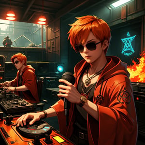 exquisite details and texture, detailed face, anatomy correct, best quality, ultra detailed, photorealistic, solo, 1boy, (short hair, orange hair), sunglasses, wore a red colored robe, cool, flame tattoos, flame pentagram necklace, he was a radio DJ, playing music for listeners in a tiny radio studio with a Taiji in the background, symbolizing destiny, Cyberpunk style