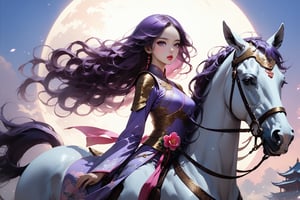 masterpiece, beautiful and aesthetic, ultra detail, intricate, In Chinese mythology, solo, 1girl, a heavenly guardian, big eyes, pink lips, pretty, long curly hair, purple hair, tall and thin, (Han Chinese Clothing, armor, pants), radial side view, dynamic pose, poised as if ready to gallop into battle, creating a picturesque view of a heavenly palace, bathed in soft and ethereal light.