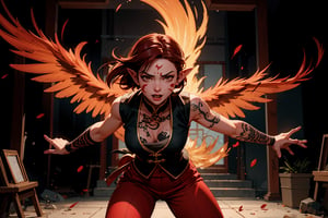 Chinese mythology, solo, 1female, monster_girl, short hair, dark red hair, (facial marks), fierce face, evil face, fangs, sexy lips, (pointed ears), (dark skin), strong body, (phoenix tattoo), (a single wing behind:1.2), dark red vest, long pants, a heavenly guardian, its normally radiant aura now dimmed by mortal wounds, bursts into the grand hall with frantic urgency. The once-stalwart warrior's usually unyielding expression is replaced by a look of desperation as it rushes to convey crucial information to the gathered officials. In a chaotic flurry of motion, the injured god stumbles forward, its usually immaculate attire now disheveled and bloodied, dynamic pose, (flying:1.2), Chinese martial arts animation style