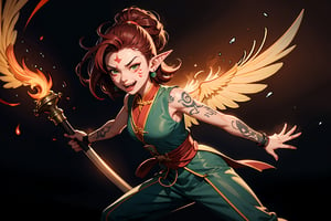 Chinese mythology, solo, 1female, monster_girl, short hair, dark red hair, (facial marks), fierce face, evil face, fangs, sexy lips, (pointed ears), light green skin, strong body, (swarthy), (phoenix tattoo), (a single wing behind:1.2), holding a mace, dark red vest, long pants, smoky background, Chinese martial arts animation style