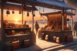 masterpiece, beautiful and aesthetic, ultra detail, intricate, detailed character design, (describe the scene of a stall, leather bags, leather purses), sunset