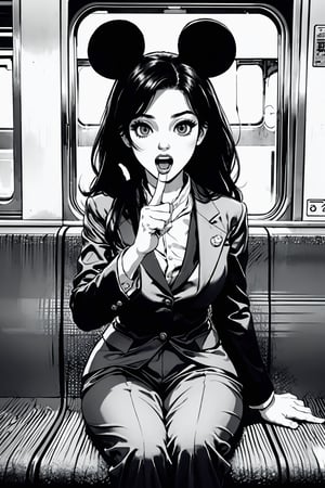 Boichi manga style, monochrome, greyscale, solo, a young lady, long hair, trouser suit, Mickey Mouse ears, she was sitting in the train privacy compartment, surprised eyes, open mouth, (one finger point to the viewer), ((masterpiece))