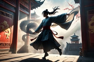 DonM5h4d0w5XL, masterpiece, extreme quality, ultra detailed, intricate, UHD, HDR, Chinese martial arts animation style, dramatic with an air of mystery and intrigue, solo, a figure in a dark cloak, shadow on the wall of ancient China street, outdoors, flying, dynamic pose, vibrant, from side, shadow, 