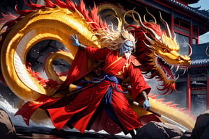 masterpiece, beautiful and aesthetic, ultra detail, intricate, 1man, solo, 55 years old, (Dragon King), detailed character design, (Chinese dragon features, dragon eyes, dragon nose, dragon beard), (messy hair, golden hair), (blue skin, glistening scales skin), tall and strong, (red imperial robe), straight on, dynamic pose, Inspired by Chinese mythology story, dragon palace