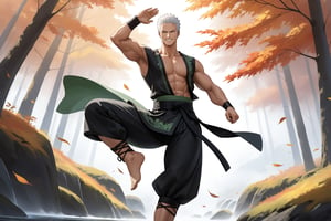 masterpiece, beautiful and aesthetic, ultra detail, intricate, 1male, solo, representation of the legendary martial artist, Roronoa Zoro features, detailed character design, (joy expression), smile, (white hair), exquisite body, strong abdominal muscles, (golden armlet:1.2), (black half gloves), black martial arts belt, (black Hanfu, sleeveless), black lace-up ankle brace, (side view:1.5), (waving), dynamic pose, forests, mists, autumn leaves fluttering around