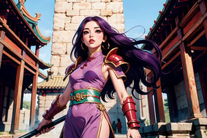 In Chinese mythology, solo, 1girl, big eyes, pink lips, pretty, long curly hair, purple hair, tall and thin, wearing Heaven Guard's armor, ancient China style, boichi manga style