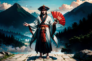 Chinese mythology story, solo, 1man, forty years old, Taoist hat, bright eyes, long black hair, two beards, aqua Taoist robe, holding a feather fan, thin and tall, full body, mountain, chinese temple background, boichi manga style