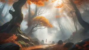 masterpiece, beautiful and aesthetic, ultra detail, intricate, with an air of mystery and intrigue, sunlight filtering through leaves, trees, (mists:2), autumn leaves fluttering around, Inspired by Chinese mythology story, 2D anime style