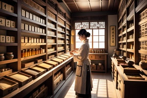 Golden light pours through the traditional wooden shutters, casting a warm glow on the intricately arranged shelves of ancient China's esteemed Chinese medicine store. Amidst the rows of small drawers, each containing an array of delicate Chinese medicinal materials, the busy Chinese herbalist expertly prepares remedies for customers at the worn wooden counter, their hands moving with precision as they measure and mix with finesse.