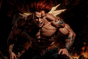 In Chinese mythology, solo, 1male, monster, dishevelled hair, dark red hair, cyan face, fangs, fat lips, wide mouth, strong, muscular, short, (single wing), evil, tattooed all over, in the prison, ancient China style, boichi manga style