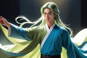 masterpiece, beautiful and aesthetic, ultra detail, intricate, solo, 1male, 25 years old, handsome, (long eyes, blue eyes), (long hair, Split-color Hair, Light Green Hair, Blue Hair), tall, Han Chinese Clothing, (flowing robe, dark green robe), (upper body), dynamic pose, heroic stance, creating a picturesque view of a heavenly palace, bathed in soft and ethereal light.