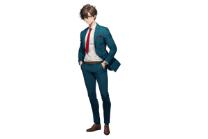 Dark Moody Atmosphere, {prompt}, dramatic, mysterious, dark moody atmosphere, masterpiece, beautiful and aesthetic, ultra detail, intricate, 1male, solo, 23 years old, detailed character design, delicate face, a look of confidence, grin, light green eyes, brown short hair, dark blue suit, white shirt, red tie, (full body:1.2), dynamic pose, (hands in pockets:1.5), bold gestures, in the office