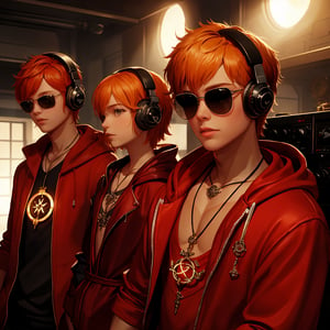 Solo, 1boy, (straight on:1.5), (upper body:1.5), short hair, orange hair, sunglasses, wroe a pair of headphones, red colored robe, cool, flame tattoos, flame pentagram necklace. He was a radio DJ, playing music in a tiny radio studio, (exquisite details and texture, detailed face, anatomy correct, best quality, ultra detailed, photorealistic)