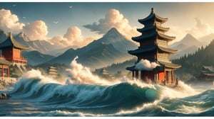water, foaming, wave, smoke, Chinese dragon, mountains, Chinese temple, clouds, birds, at Twilight, tilt shift, Cleancore, HDR, Mustafa Abdulhadi, involved in a project, DonM3l3m3nt4l, 